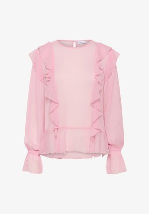 Ljusrosa blus med volangdetaljer på ärmarna och fram. Transparent tyg med avslappnad passform och resårade ärmslut. Nyckelhål-stängning bak.