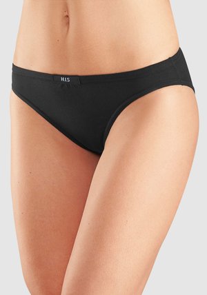 Schwarze Bikini-Unterhose aus glattem Stoff. Verfügt über einen Logo-Gummibund und bietet eine moderate Bedeckung.