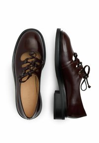 Scarpe in pelle marrone con punta rotonda, lati aperti, lacci neri e tacco spesso. Finitura liscia con hardware e dettagli minimi.