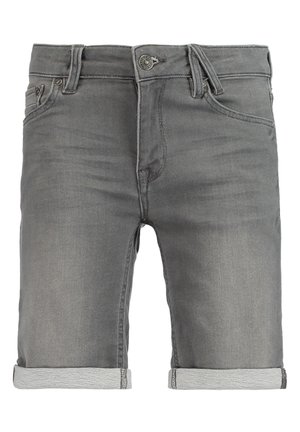 Grå denimshorts med opsmøgede kanter, forreste knap, lynlås, bæltestropper og forlommer.