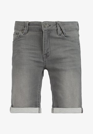 Pantalones cortos vaqueros grises con puños enrollados, botón delantero, cremallera, trabillas para el cinturón y bolsillos delanteros.