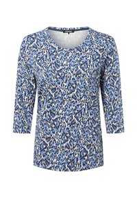 Blaues Leopardenmuster-Oberteil mit Dreiviertelärmeln, rundem Halsausschnitt und glatter Textur. Beinhaltet verschiedene Blautöne, Beige und dunkle Akzente.