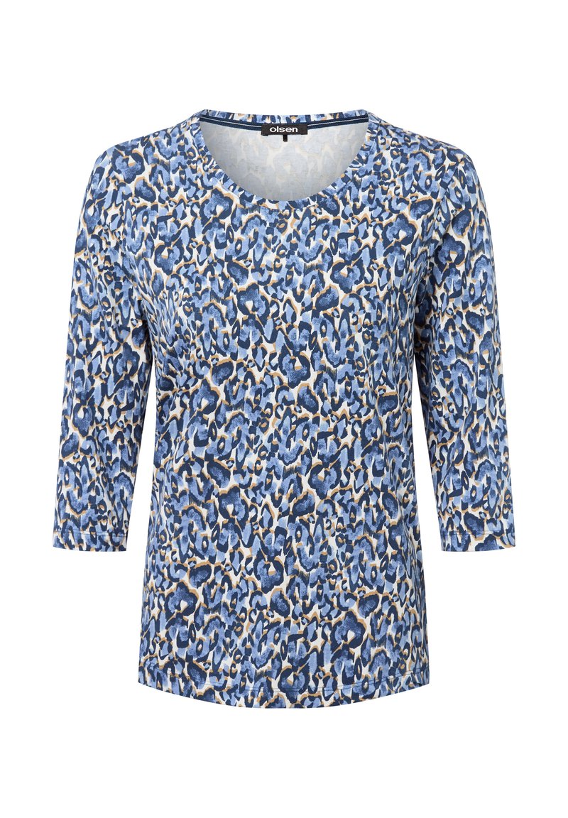 Blaues Leopardenmuster-Oberteil mit Dreiviertelärmeln, rundem Halsausschnitt und glatter Textur. Beinhaltet verschiedene Blautöne, Beige und dunkle Akzente.