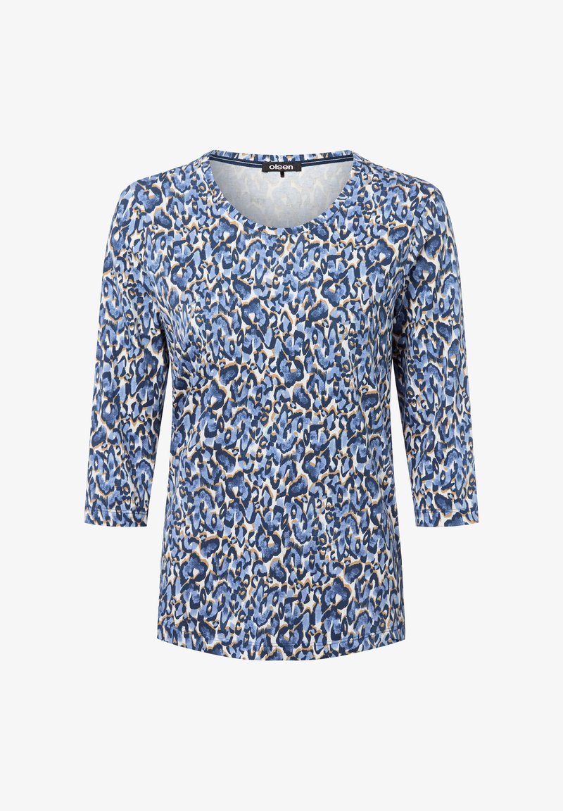 Blaues Leopardenmuster-Oberteil mit Dreiviertelärmeln, rundem Halsausschnitt und glatter Textur. Beinhaltet verschiedene Blautöne, Beige und dunkle Akzente.