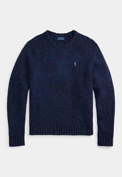 Sweater de malha azul marinho com decote redondo, punhos e barra canelados. Apresenta um pequeno logótipo no peito. Material texturizado.