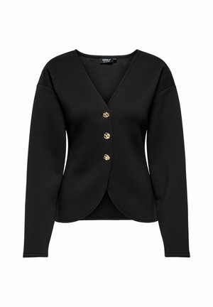 Felpa nera con scollatura a V, maniche lunghe e quattro bottoni dorati sulla parte anteriore. Realizzata in un tessuto morbido con un design aderente.