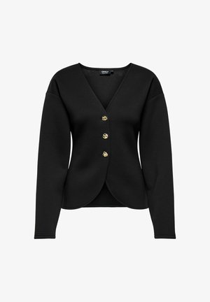 Sweatshirt noir avec un col en V, des manches longues et quatre boutons dorés sur le devant. Fabriqué en tissu doux avec un design ajusté.