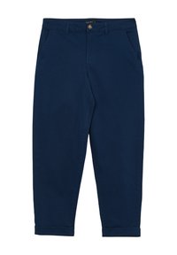 Pantalon en coton bleu marine avec une coupe droite, doté de poches avant, d'une fermeture à bouton et de ourlets retroussés. Texture lisse, design minimaliste.