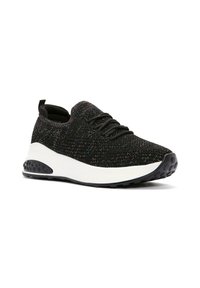 Black textile sneaker with a speckled pattern, featuring a white midsole, textured accents, and a rounded toe. Laces included.