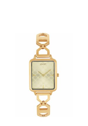Rectangular gold-tone wristwatch with patterned gold dial, minimalist hour markers, and linked geometric gold bracelet strap.