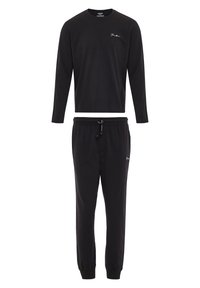 Sort langærmet top og matchende sweatpants, lavet af bomuld. Toppen har et lille logo; bukserne har en elastisk talje og ribbede manchetter.