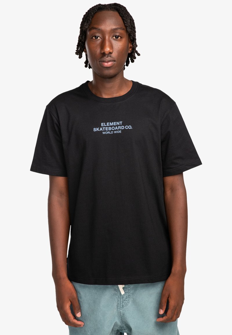 Black cotton t-shirt featuring "ELEMENT SKATEBOARD CO." in blue text on the front. Simple design with short sleeves and a crew neck.