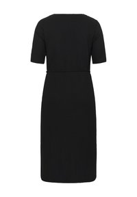Black, knee-length dress with short sleeves, a round neckline, and a fitted waist tie. Made from a textured fabric with a simple design.