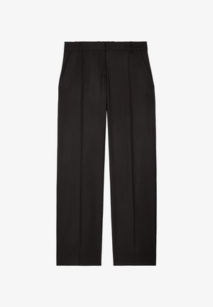 Zwarte broek met een gladde textuur, voorzien van een wijd been ontwerp, twee steekzakken aan de voorkant en een geplooide voorkant. Afgewerkt met een getailleerde stijl.