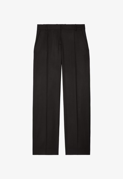 Czarne spodnie o gładkiej fakturze, z szerokimi nogawkami, dwoma przednimi kieszeniami i plisowanym detalem z przodu. Szykowne wykończenie.