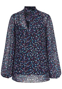Blusa in chiffon con base navale, caratterizzata da un motivo floreale in blu, rosa e bianco, maniche lunghe e un collo plissettato. Tessuto trasparente.
