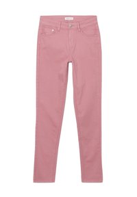 Jeans en coton rose, coupe slim avec une texture lisse. Caractéristiques d'une fermeture à bouton sur le devant, de deux poches avant et de coutures visibles.