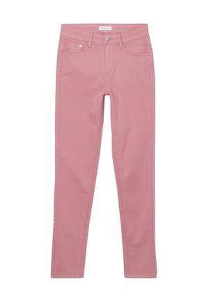 Jeans en coton rose, coupe slim avec une texture lisse. Caractéristiques d'une fermeture à bouton sur le devant, de deux poches avant et de coutures visibles.