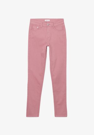 Rosa Baumwolljeans, schlanker Schnitt mit glatter Textur. Verfügt über einen Frontknopfverschluss, zwei vordere Taschen und sichtbare Nähte.