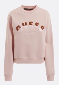 Sudadera de color rosa claro con puños y dobladillo acanalados. Presenta los logotipos bordados de "GUESS" y "California" en acentos texturizados. Ajuste informal.