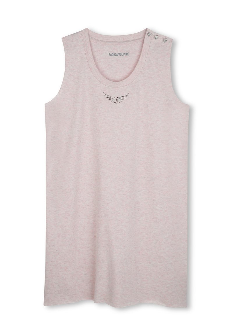 Haut sans manches rose clair en matière douce, avec un petit détail d'aile en strass et des clous décoratifs en forme d'étoile sur une épaule.