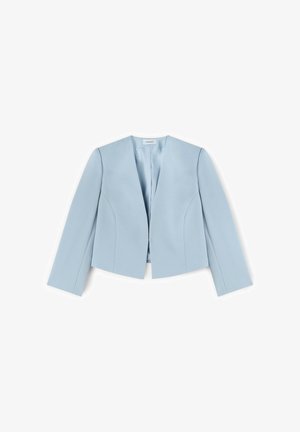 Blazer femme sur mesure bleu clair avec manches longues, devant ouvert et détails subtils des coutures, présenté sur fond blanc.