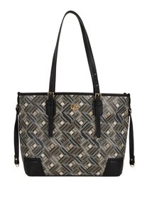 Borsa tote con un motivo geometrico in tonalità terre, dettagli in pelle nera e accessori in oro. Doppi manici per il trasporto a mano o a spalla.