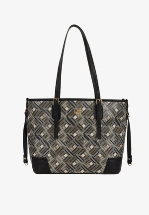 Borsa tote con un motivo geometrico in tonalità terre, dettagli in pelle nera e accessori in oro. Doppi manici per il trasporto a mano o a spalla.