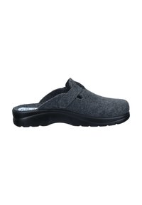 Gray felt clogs with a black rubber sole. Features a slip-on design and adjustable strap. Textured upper and curved toe shape.