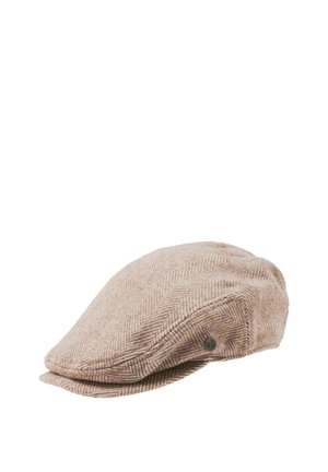 Beige herringbone flat cap with a small button detail on the side, shown on a white background.