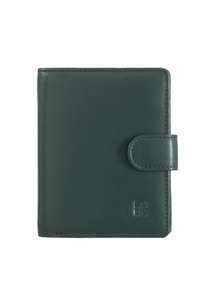 Portefeuille en cuir vert foncé au design compact, aux bords arrondis et à fermeture à pression. Fini texturé avec un logo en relief à l'avant.