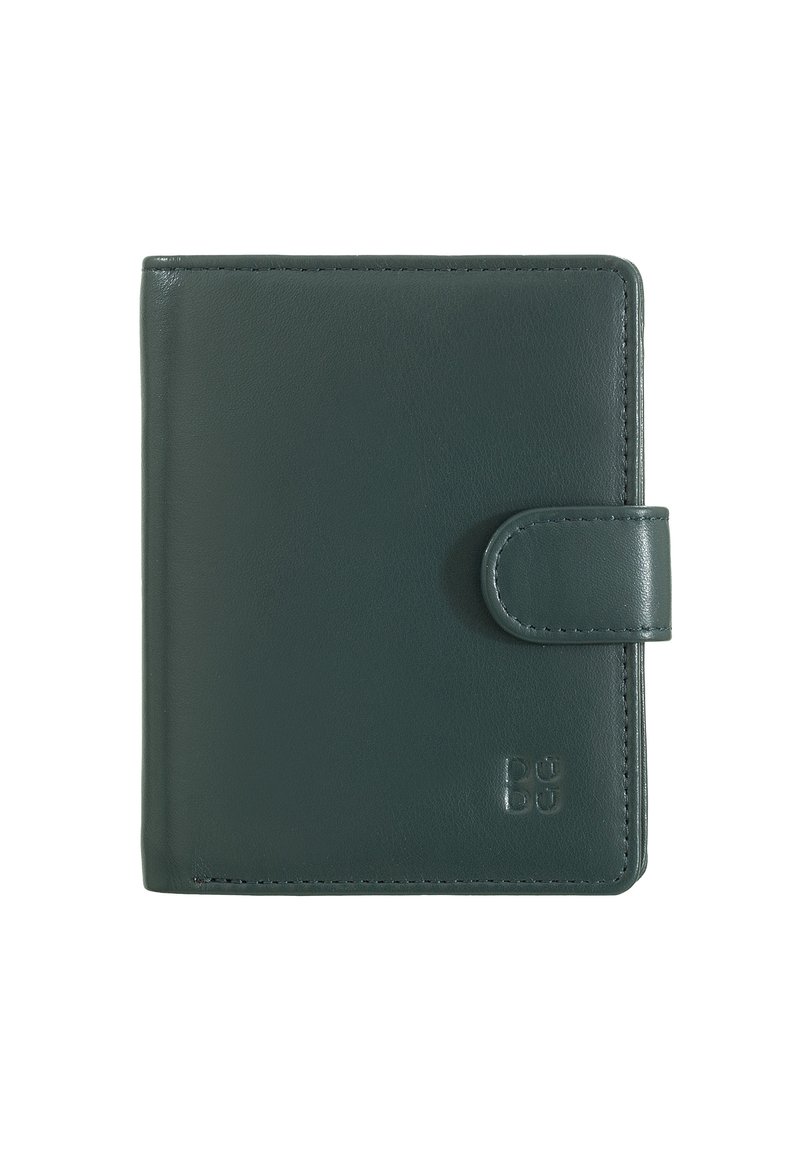 Cartera de cuero verde oscuro con un diseño compacto, bordes redondeados y cierre a presión. Acabado texturizado con una marca en relieve en la parte frontal.