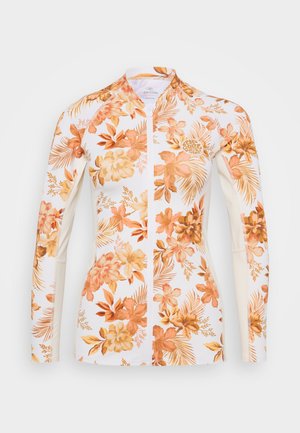 Camiseta cu mâneci lungi, având un model floral vibrant în nuanțe de portocalie și crem, cu fermoar frontal și material ușor, elastic.