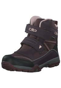 Stivale da trekking impermeabile viola con tomaia in tessuto texturizzato, due fasce regolabili in velcro, punta in gomma nera e suola in gomma resistente.