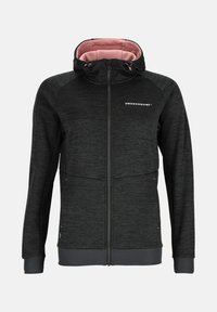Black zip-up jacket made of textured fabric, featuring a pink-lined hood, two front pockets, and a logo on the chest.
