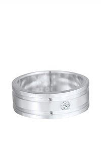 Sølvring med en glat, poleret bånd med to parallelle riller og en lille diamantdetalje sat på den ene side. Rund form, skinnende finish.