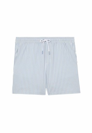 Svetlomodré a bielo pruhované plavkové šortky z mäkkej látky. Majú elastický pás so šnúrkou a bočné vrecká.