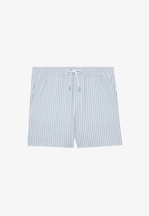 Šviesiai mėlyni ir balti dryžuoti plaukimo šortai, pagaminti iš minkštos medžiagos. Turi elastinę liemens juostą su raišteliu ir šonines kišenes.