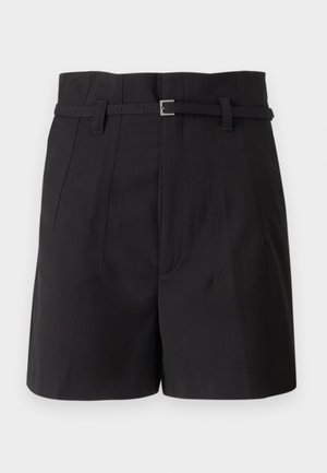 Black tailored shorts made of smooth fabric, featuring a fitted waist with a narrow belt, front pleats, and side pockets.