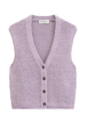 Light purple knitted sleeveless vest with deep V-neck and four dark buttons down the front, label Marc O’Polo inside neckline.