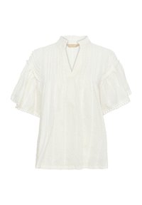 Blusa bianca con maniche corte a campana, scollatura a V, tessuto testurizzato e righe verticali. Presenta un bordo decorativo lungo l'orlo.