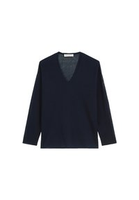 Maglione blu navy a V con maniche lunghe, realizzato in un tessuto leggero, caratterizzato da una vestibilità comoda e una texture sottile.