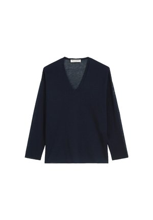 Marineblauer V-Ausschnitt-Pullover mit langen Ärmeln, aus leichtem Stoff gefertigt, mit lockerer Passform und subtiler Textur.