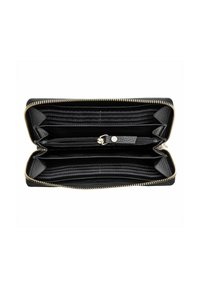 Cartera de cuero negra con cremallera dorada, múltiples compartimentos y acabado texturizado. Incluye una sección con cremallera y ranuras para tarjetas.