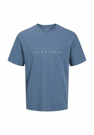 T-shirt en coton bleu à manches courtes, col rond, avec du texte blanc "JACK & JONES" sur la poitrine. Texture lisse et coupe décontractée.