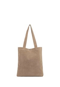 Borsa a mano in camoscio beige con due spalline, design semplice e chiusura a scatto sulla parte superiore, che mostra una texture liscia.