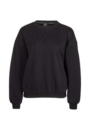 Schwarzer Sweatshirt mit langen Ärmeln und Rundhalsausschnitt, mit gerippten Bündchen an Ärmeln und Saum, auf der Brust prangt „OCEANS APART“ in einem Bogen gestickt.