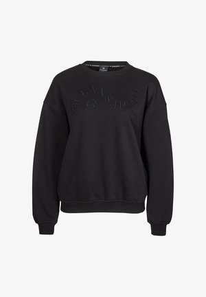 Schwarzer Sweatshirt mit langen Ärmeln und Rundhalsausschnitt, mit gerippten Bündchen an Ärmeln und Saum, auf der Brust prangt „OCEANS APART“ in einem Bogen gestickt.