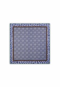 Tissu rectangulaire ornée de motifs géométriques bleus complexes, bordé d'une finition colorée à pois, créant un design vibrant.