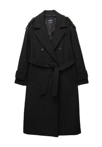 Crni kaput od vune s dodatkom, s dvostrukim zatvaranjem, širokim ovratnikom, epauletama na ramenima i odgovarajućim pojasom u struku.